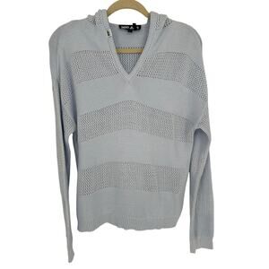 DKNY Medium Blue V-Neck Hoodie Sweater Soft Knit Pullover Relaxed Fit